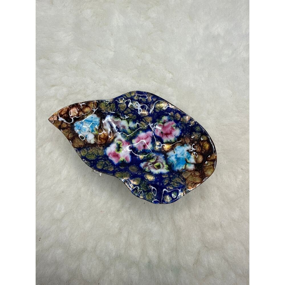 Vintage French Cobalt Blue Enamel Floral Trinket Dish Gold Leaf Accents - Picture 2 of 6